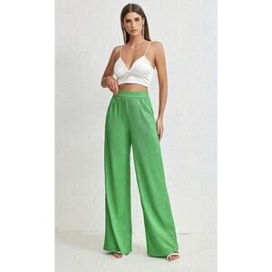 Bright Green Textured Solid Wide Leg Pants NEW M Casual Dressy Party Stretch